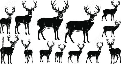 Deer silhouettes with antlers, wildlife vector illustration, forest animal design, decorative nature motif, anatomical art pattern, hunting concept