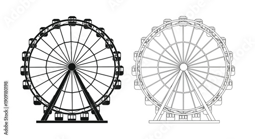 Line art illustration of two ferris wheels in contrasting styles