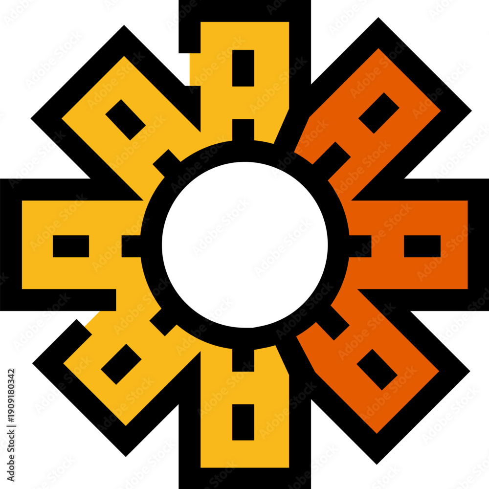 Obraz premium Abstract radial gear icon with yellow orange gradient segments and bold black outlines, ideal for representing technology, innovation, progress, systems, networks, and modern business ui design