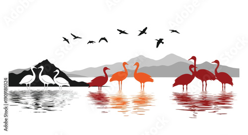 Stylized illustration of flamingos in a landscape with mountains and water