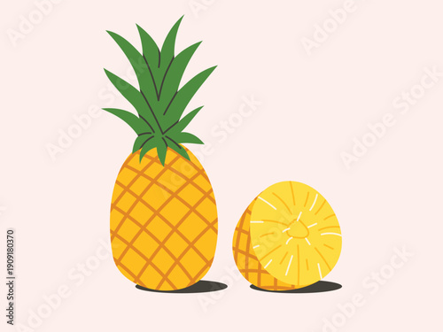 Whole pineapple fruit and half pineapple, tropical fruit