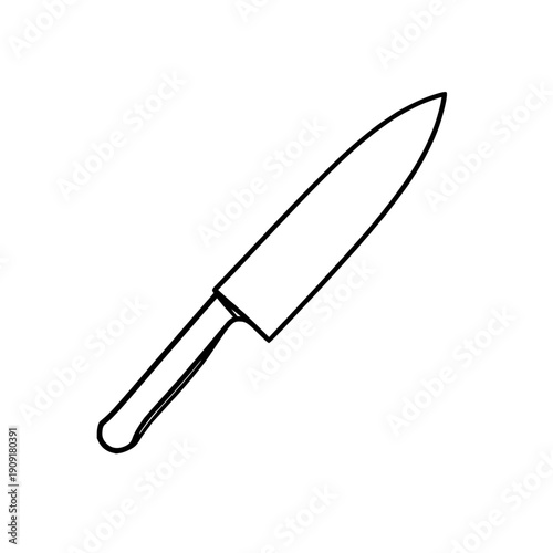 Minimalist black line art chef knife icon on white background, perfect kitchen symbol illustration for recipe books, cooking apps, restaurant branding