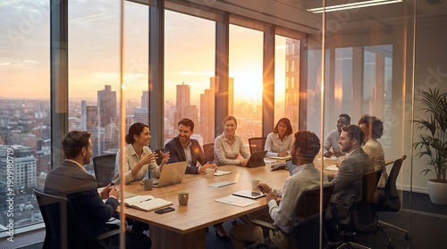 Diverse business professionals actively participate in a corporate meeting within a modern boardroom, overlooking a breathtaking city skyline at sunset.