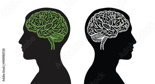 Two human male head silhouettes in black with one containing a green leafy brain and the other a white leafy brain on a white background.