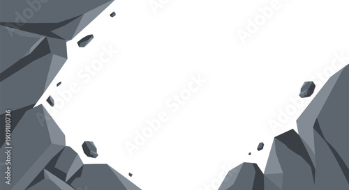 Dynamic frame composition featuring large gray boulders and small falling rocks around a white central space in a flat graphic style.