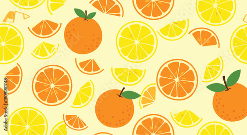 Cheerful seamless pattern showcasing whole oranges and lemons mixed with citrus slices on a soft yellow background for fresh vibes.