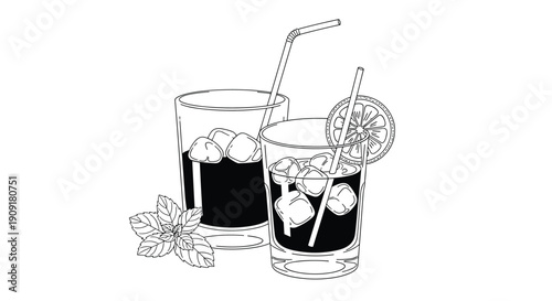 Detailed black and white line art illustration of two glasses filled with dark iced beverage, straws, lemon slices, and mint leaves.