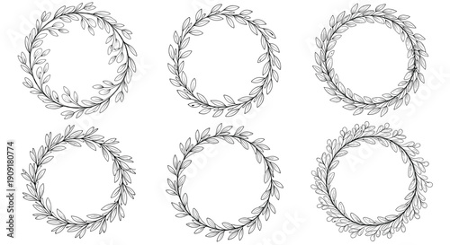 Collection of six delicate circular leaf wreaths in a detailed black line art sketch style for minimalist and elegant designs.