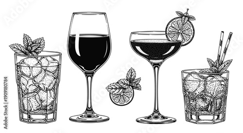 Detailed black and white ink sketches of four different alcoholic cocktails and beverages with ice cubes and garnishes.