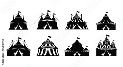 Collection of eight different black and white silhouettes of striped circus tents with flags in various architectural styles.