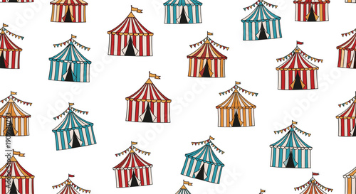 Fun seamless pattern featuring various striped circus tents in red, blue, and yellow colors with festive flags on a white background.