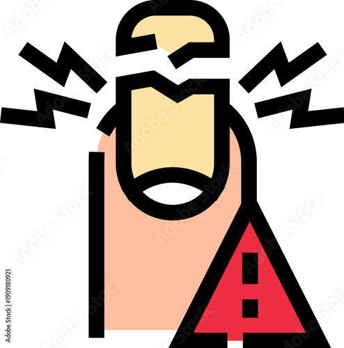 Finger showing a broken nail with lightning bolts symbolizing pain or injury, featuring a red triangular warning sign indicating potential issues with nail health and care