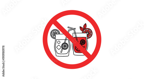 Red prohibition sign over two cocktail glasses with citrus slices representing a ban on alcohol or sugary drinks.