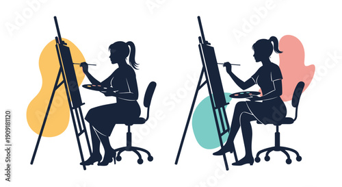 Two silhouettes of professional female artists painting on easels with colorful abstract shapes on white background.