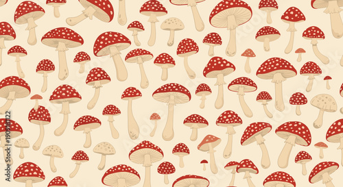 Seamless pattern with many red and white fly agaric mushrooms on light beige background for nature design.