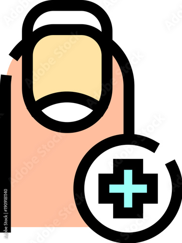 Human finger with a healthy nail and medical cross icon, symbolizing nail care, dermatology treatment, infection prevention, repair and professional clinic or salon services for wellness