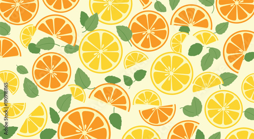 Bright and refreshing seamless pattern with orange and lemon slices and green mint leaves on pale yellow background.