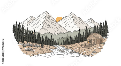 Beautiful hand drawn mountain landscape with a wooden cabin by a river and pine forest in classic sketch style.