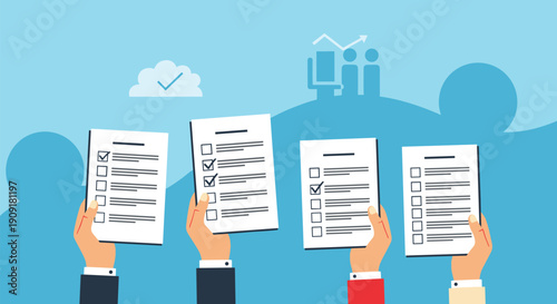 Four hands holding checked documents or business survey forms against blue background with business icons.