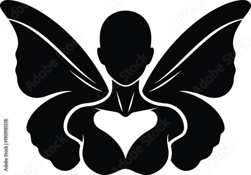 Elegant Fairy Silhouette with Heart Shape and Butterfly Wings Vector Illustration