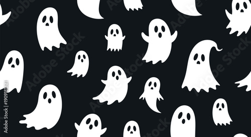 Playful seamless pattern features a variety of white cartoon ghosts with funny expressions on a solid black background for Halloween decor.