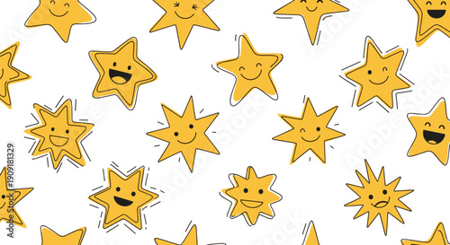 Cheerful seamless pattern displays yellow five-pointed stars with diverse happy faces and winking eyes on a clean, bright white background.