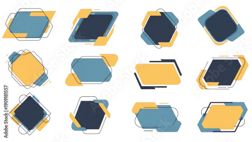 Collection of abstract geometric shapes in various colors and orientations displayed on a clean background from a straightforward viewpoint