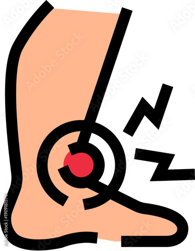 Human leg and foot showing a red spot with a circular indicator and radiating electrical signals, depicting pain, injury, or inflammation in the ankle joint