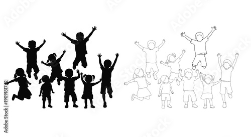 Joyful children jumping and playing depicted in silhouette and line art