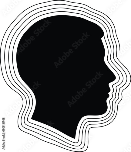 Modern Abstract Human Head Silhouette with Layered Line Art, Minimalist Black and White Profile Illustration