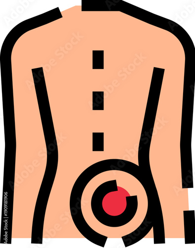 Human back displaying a stylized representation of pain in the lower spinal region, illustrating concepts of injury, discomfort, and orthopedic health issues