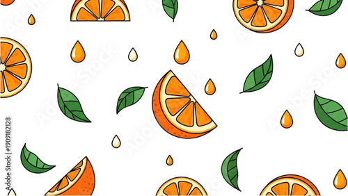 Vibrant orange slices and leaves scattered on a clean white background from a top-down viewpoint