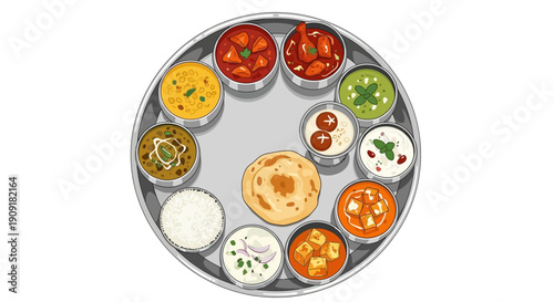 Delicious Indian thali with variety of curries and side dishes served