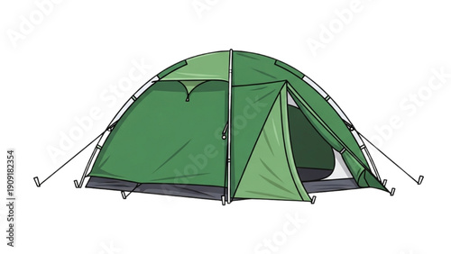 Camping tent illustration with green canvas and metal poles standing alone outdoors