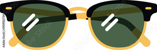 Trendy Retro Sunglasses Vector Illustration with Green Lenses and Black Gold Frame Isolated on White