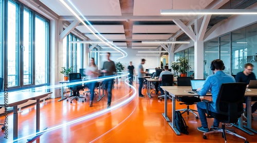 Dynamic light trails represent data flow and movement through a vibrant, modern open-plan office with professionals working at desks and moving.