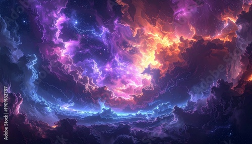 An abstract galaxy background featuring a dark night sky filled with a red and blue nebula, bright stars, and a fractal design of fire and smoke textures for a science fiction art style