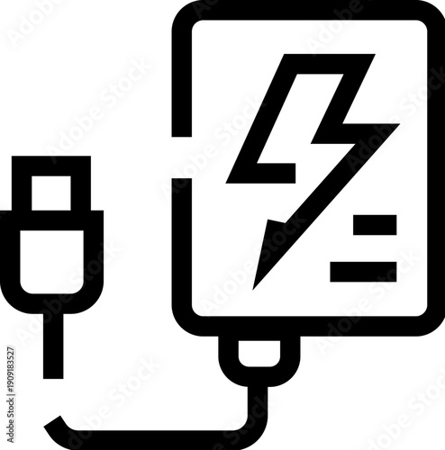 Portable charger power bank icon with a lightning bolt symbol representing electricity and a usb plug, signifying mobile device charging and energy supply