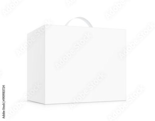 Carrying corrugated box case with plastic handle mockup. Half side view. Vector illustration isolated on white background. Ready and simple to use for your design. EPS10.