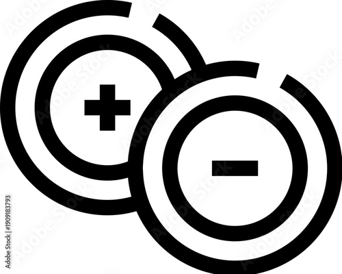Stylized black circles with plus and minus signs depicting positive and negative charges, a minimalist icon symbolizing polarity, electricity, atomic particles and attractionrepulsion concepts