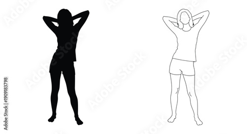 Two depictions of a woman with hands raised one silhouette and one outline