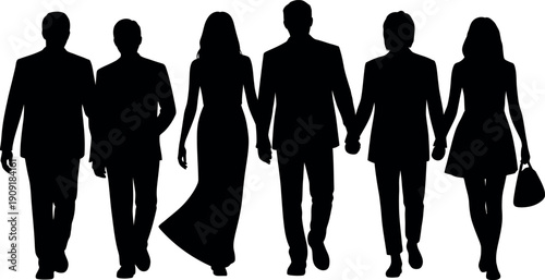 Diverse group of elegantly dressed people walking together holding hands in silhouette against a clean backdrop