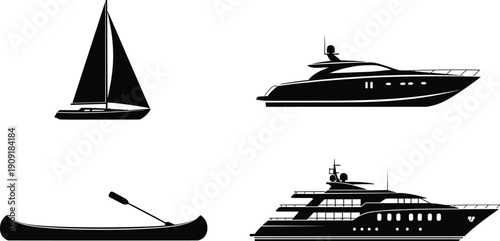 Boat Silhouettes Collection Featuring Sailboat Motor Yacht Canoe and Luxury Superyacht Isolated on White Background Vector Illustration Set for Marine Design