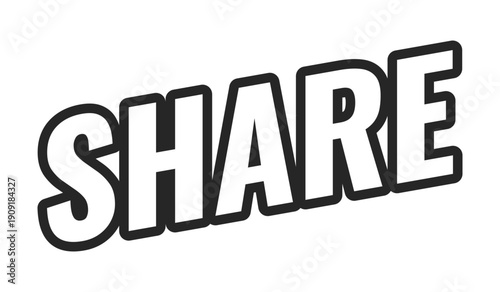 Share web button in bold black outline. Distributing viral content link across platforms. Repost tool. Post forward. Minimal uppercase text. Angled letters with white fill. UI UX. Oswald font used