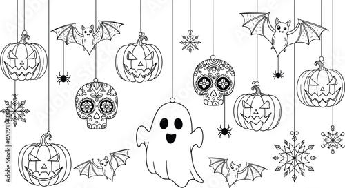 Halloween Doodle Set with Pumpkins Ghost Bats Sugar Skulls and Hanging Decorations Isolated on White Background Vector Illustration for Holiday Design