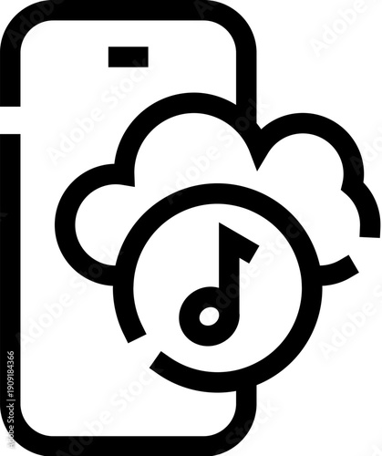 Mobile phone icon displaying a musical note inside a cloud, representing digital audio streaming, online storage, and media delivery from the cloud to mobile devices