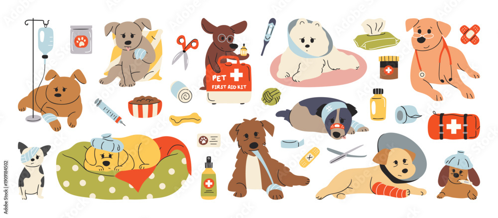 Obraz premium Dog veterinary care vector illustration set with pets, medicine, bandage and clinic tools. Hand drawn cartoon design for pet posters, icons, brochures and pet services.