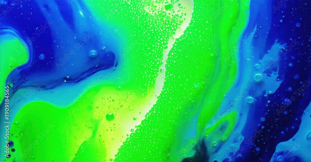 Fototapeta premium Abstract fluid dynamics. Vibrant blue, green colors swirl, mix. Bubbles present, creating dynamic texture. Interesting visual composition.