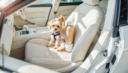 A small dog sits on a seat inside a car
