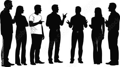 People Silhouettes Collection Showing Men and Women Talking in Group Conversation Isolated on White Background Vector Illustration for Communication Concept